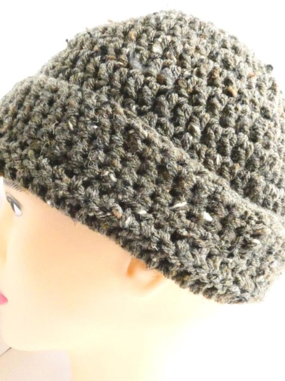 Hand Crocheted OS Tan Beanie White Black Speckles Roll Up Bottom Hat Soft & Warm